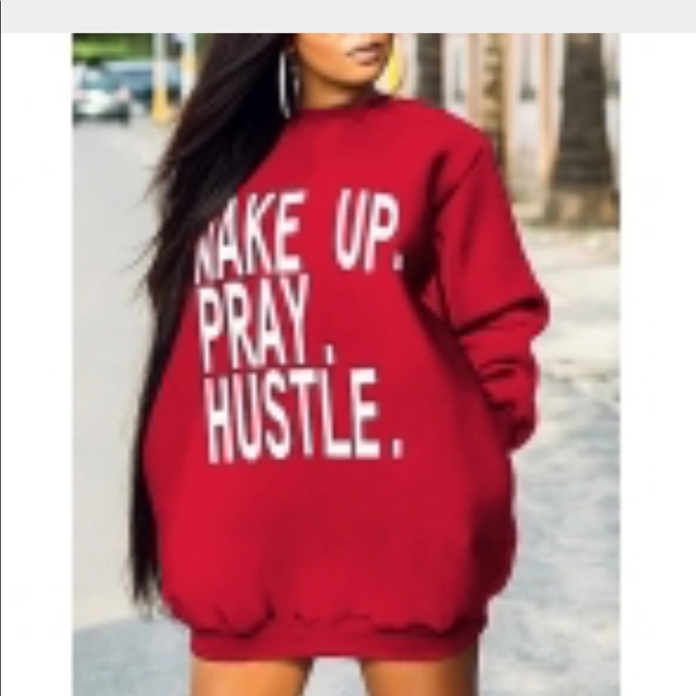 Casual long sleeve letters Printed red mini dress